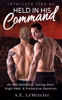 Book Cover for Held in His Command, depicting two handsome men in a romantic pose